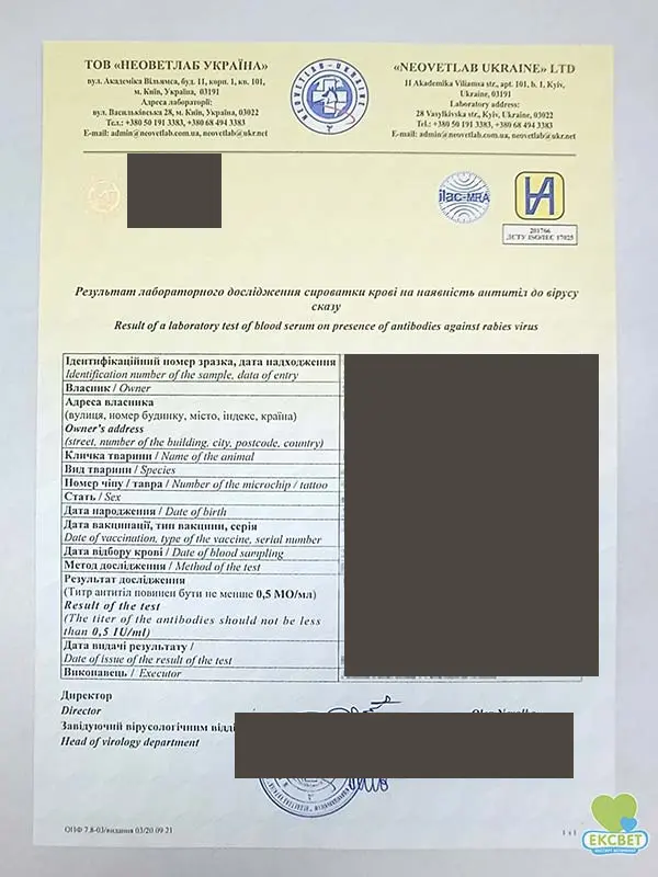 Redacted example of a rabies antibody titre laboratory report